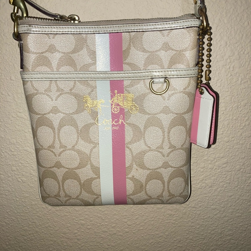 Coach Signature Beige and Pink Stripe Crossbody Bag